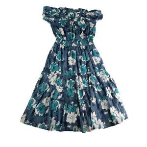 Destination 365 Dress Womens Small Blue Floral Midi Stretch Tiered Flowy Long